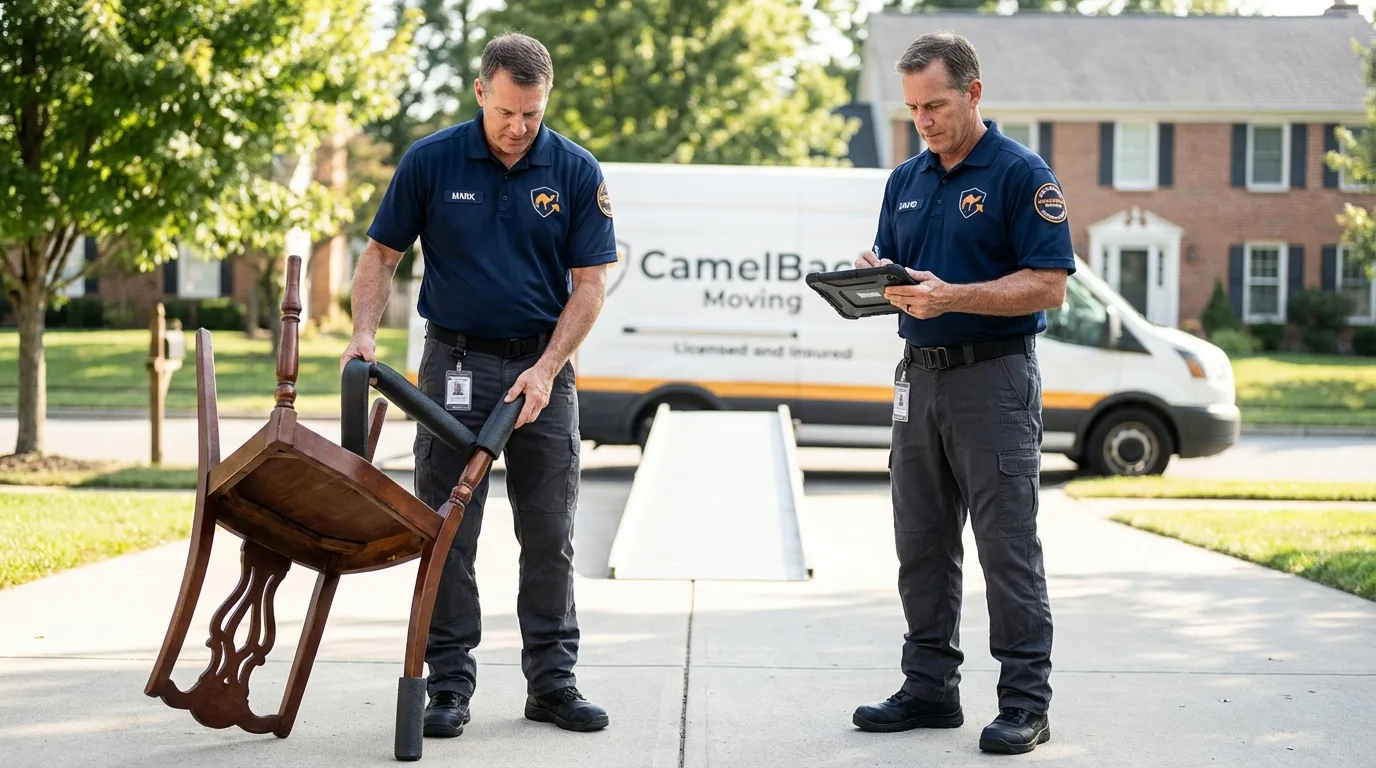 Movers inspecting furniture for damage prevention before loading in Davis, OK